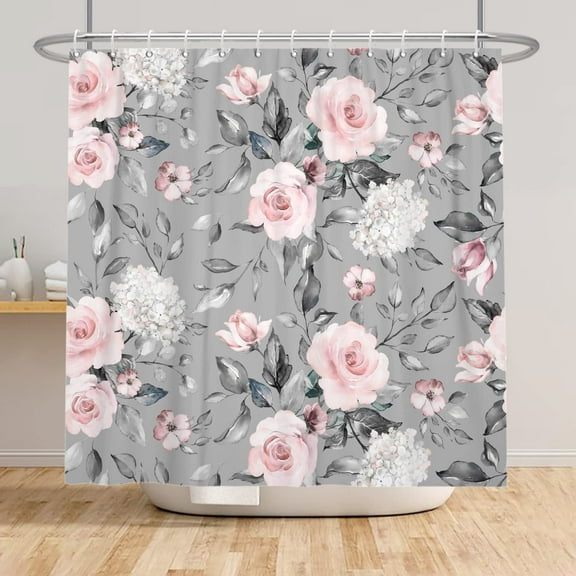 Pink Floral Grey Shower Curtain, Abstract Minimalist Pink Rose Gray Leaf Leaves Unique Polyester Fabric Shower Curtains for Bathroom Set Waterproof Washable with 12 Hooks, 72"x72"