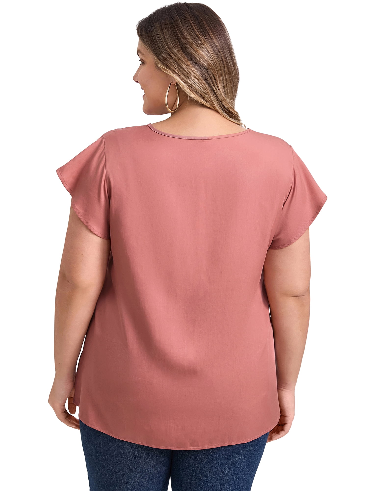 DARING DIVA Women's Plus V Neck Ruffle Short Sleeve Blouse 2X Coral Red
