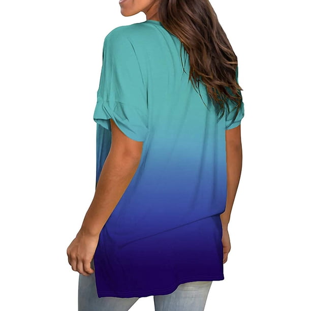 Camiseta degradada Qarigey para mujer multicolor con cuello en V manga corta fibra verano L Verde+Azul