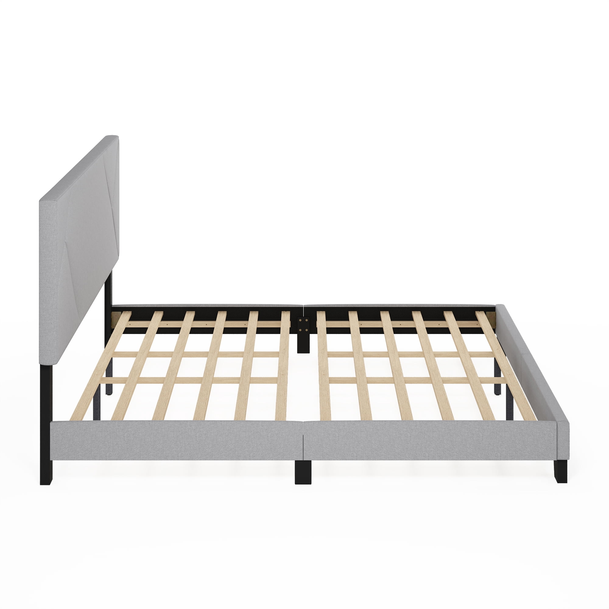 Furinno SKYLAR King Upholstered Bed Frame with Adjustable Geometric Headboard and 12-Piece Wooden Slat Support, No Box Spring Required, Light Grey