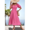 thumbnail image 3 of Women's Square Neck Smocked Waist Puff Sleeve Midi Dress Solid Pattern Elegant Everyday 95% polyester 5% elastane, 3 of 11