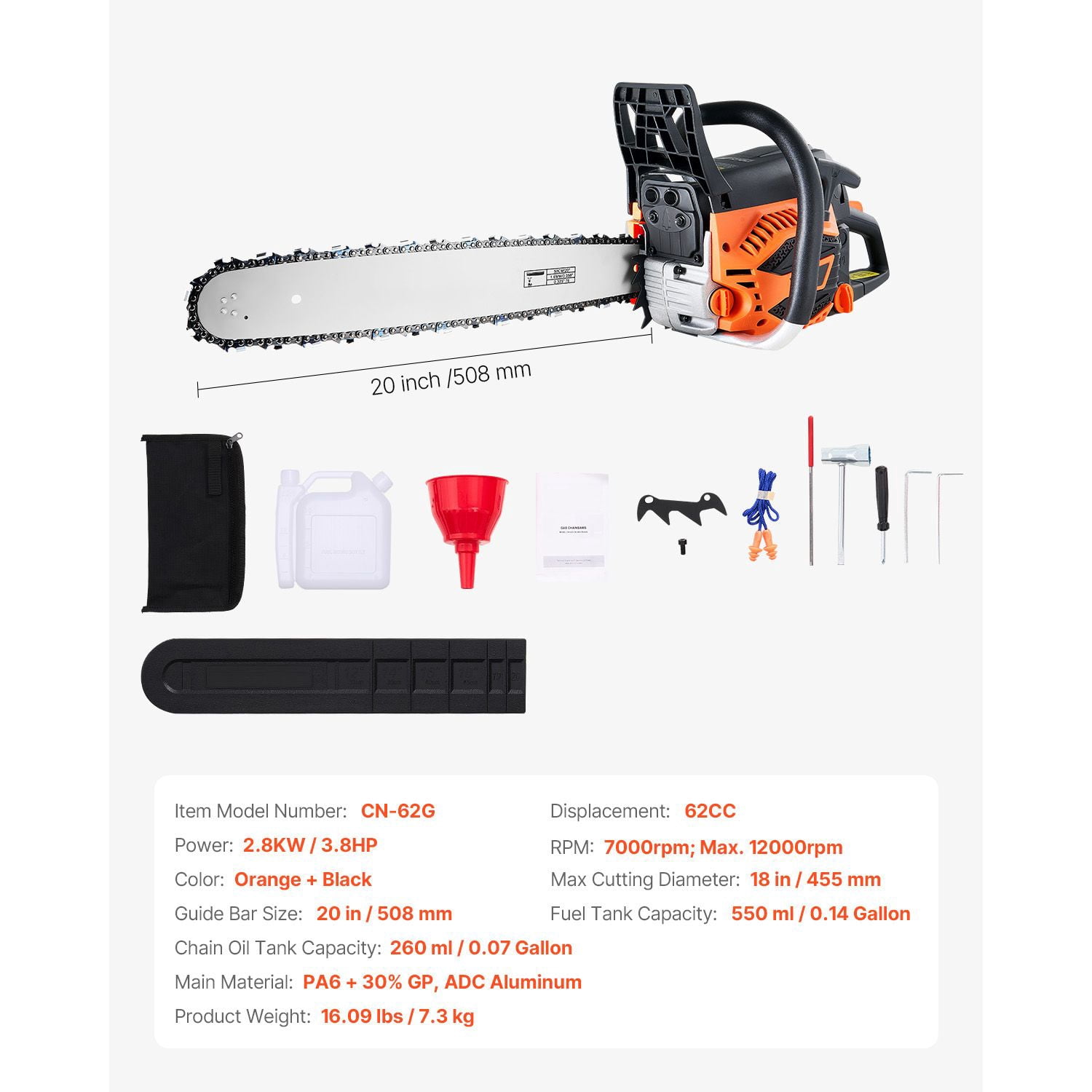62 cc Gas Chainsaw, 20 inch Gas Powered Chainsaw, 3.8 HP Power Chain Saw with Non-Slip Handle, Gas-Powered Chainsaws with Dual Fuel Tanks, For Wood Cutting, Tree Trimming, and Land Clearing