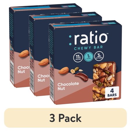 (3 pack) Ratio Chewy Protein Bar, Chocolate Nut, 11g Protein, Keto Friendly, 5.6 oz (4 Bars)