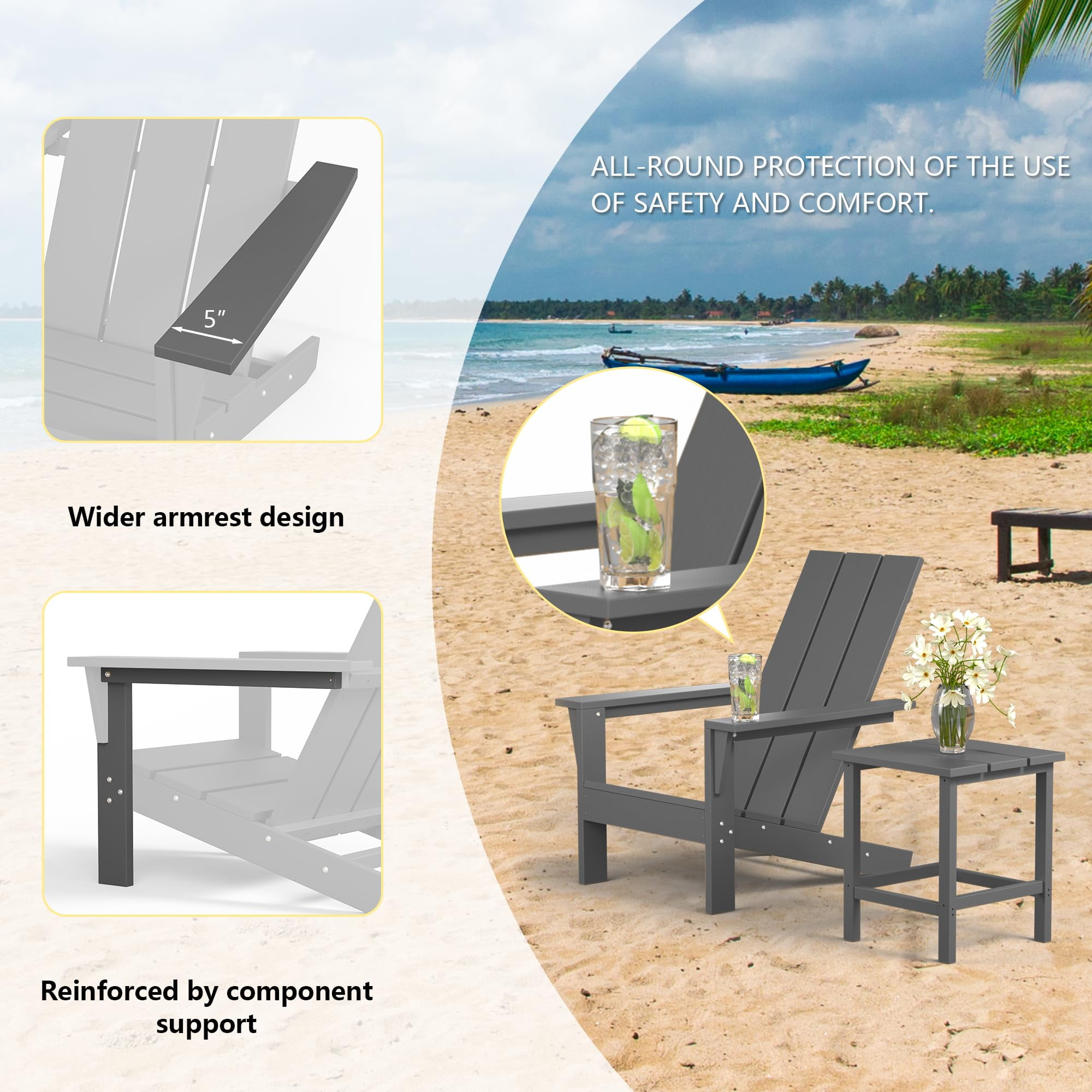 ALAULM All-Weather HDPE 8PCS Modular Flexible Combination Adirondack Conversation Set with Marble-Look Interlocking Side Tables for Deck Patio Poolside, Gray