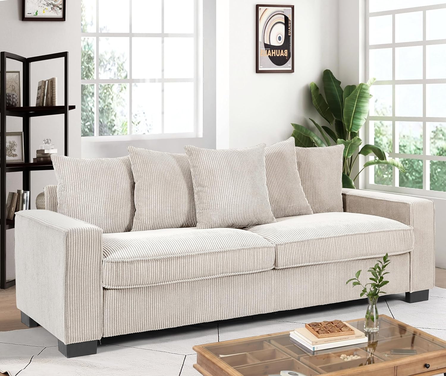 US Pride Furniture Luxe Corduroy Sofa with 5 Matching Toss Pillows Sleek Design Spacious and Comfortable 3 Seater Couch for Modern Living Room White