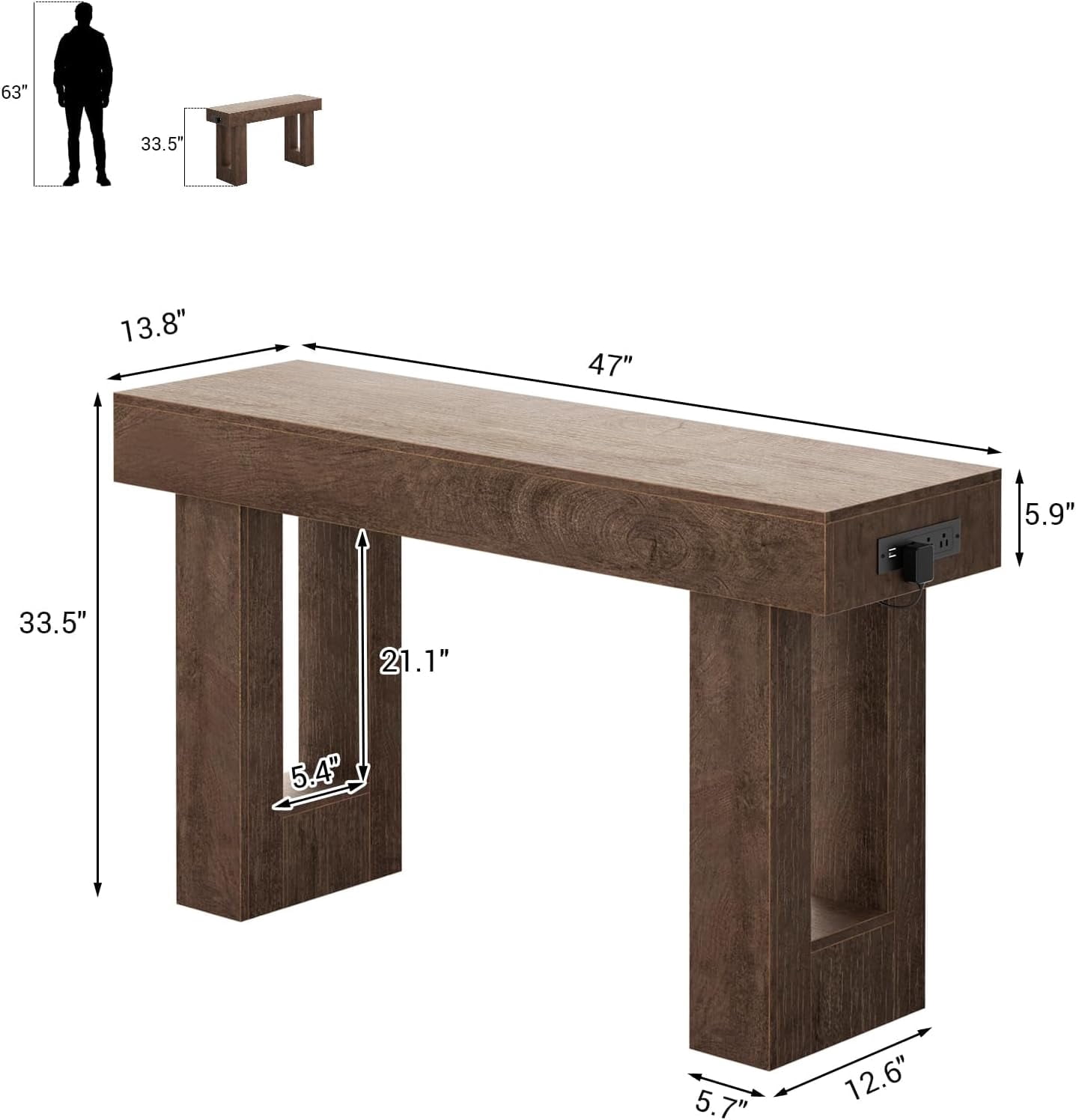 Homieasy 47" Console Table with Socket & Sensor Light, Narrow Entryway Table with Storage for Hallway/Living Room, Farmhouse Style in Rustic Oak