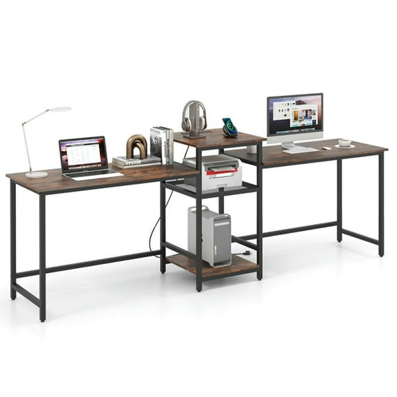 Kepooman Computer Desk, Gaming Desk,2-Person Computer Desk with Power Outlet and Printer Stand-Rustic Brown