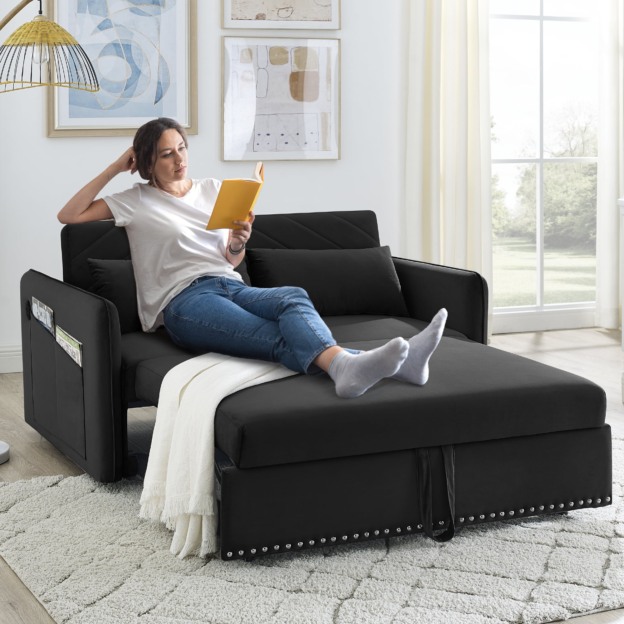Specialitet lodret smertefuld KINFFICT Small Sofa Bed, Futon Sofa Sleeper with Pull Out Couch,  Upholstered Velvet Loveseat Sleeper with Adjustable Back, for Living  Room,Black - Walmart.com