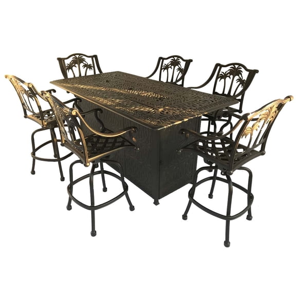 Propane Fire Pit Set 7 Piece Double Burner Bar Table Palm Tree Patio Swivel Stools Cast Aluminum Heavy Furniture.
