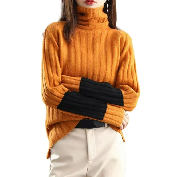 comerut Women Winter Autumn Sweater Turtleneck Neck Protection Long Sleeve Knitted Warm Thick Soft Pullover Color Block Patchwork Lady Sweater