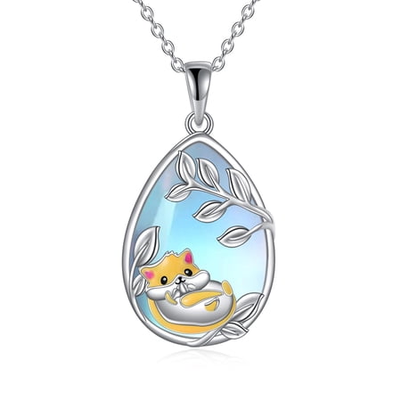 YAFEINI Hamster Necklace for Women 925 Sterling Silver Guinea Pig Moonstone Pendant Necklace Hamster Jewelry Gifts for Women