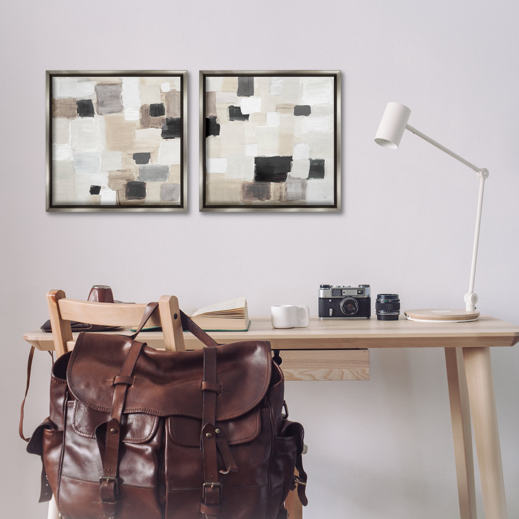 Stupell Industries Neutral Patchwork Squares Abstract Painting Gray Floater Framed Canvas Art Print Wall Art, 18 x 18, Set of 2