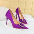thumbnail image 3 of Zapatos de tacón alto de moda para banquetes con tacones finos, de boca poco profunda, puntiagudos, de satén, con botones de diamantes de imitación de metal para mujeres, 3 of 5