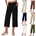 thumbnail image 7 of Cotton Linen Capris for Women with Pockets Cross Wide Leg Capri Pants Loose Fit Elastic Waist Casual Summer (2XL, Black), 7 of 7