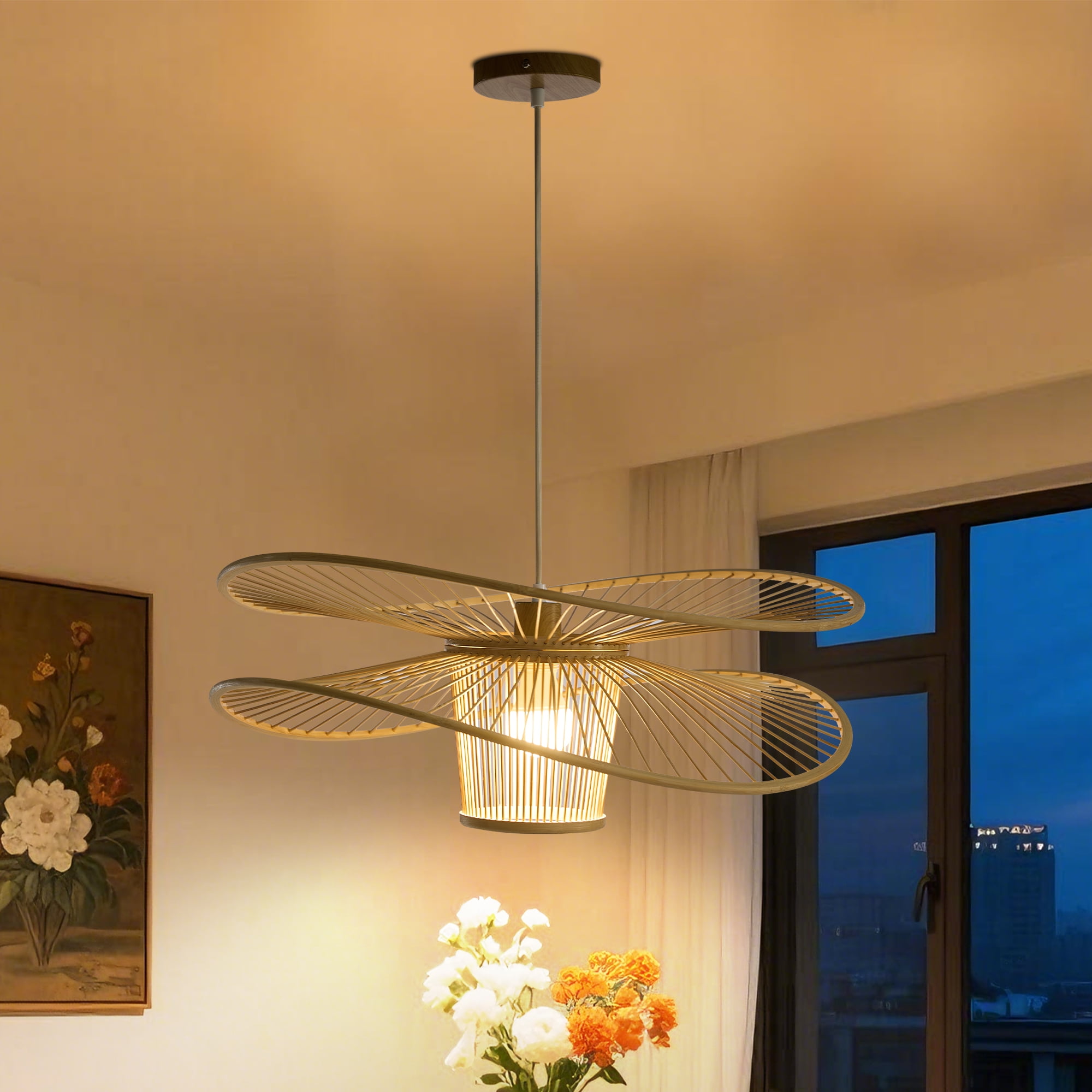 Booniture Boho Bamboo Pendant Light Fixture, Modern Natural Handmade 1-Light Black Hanging Lamp, Farmhouse Lighting for Bedroom Living Room Dining Room