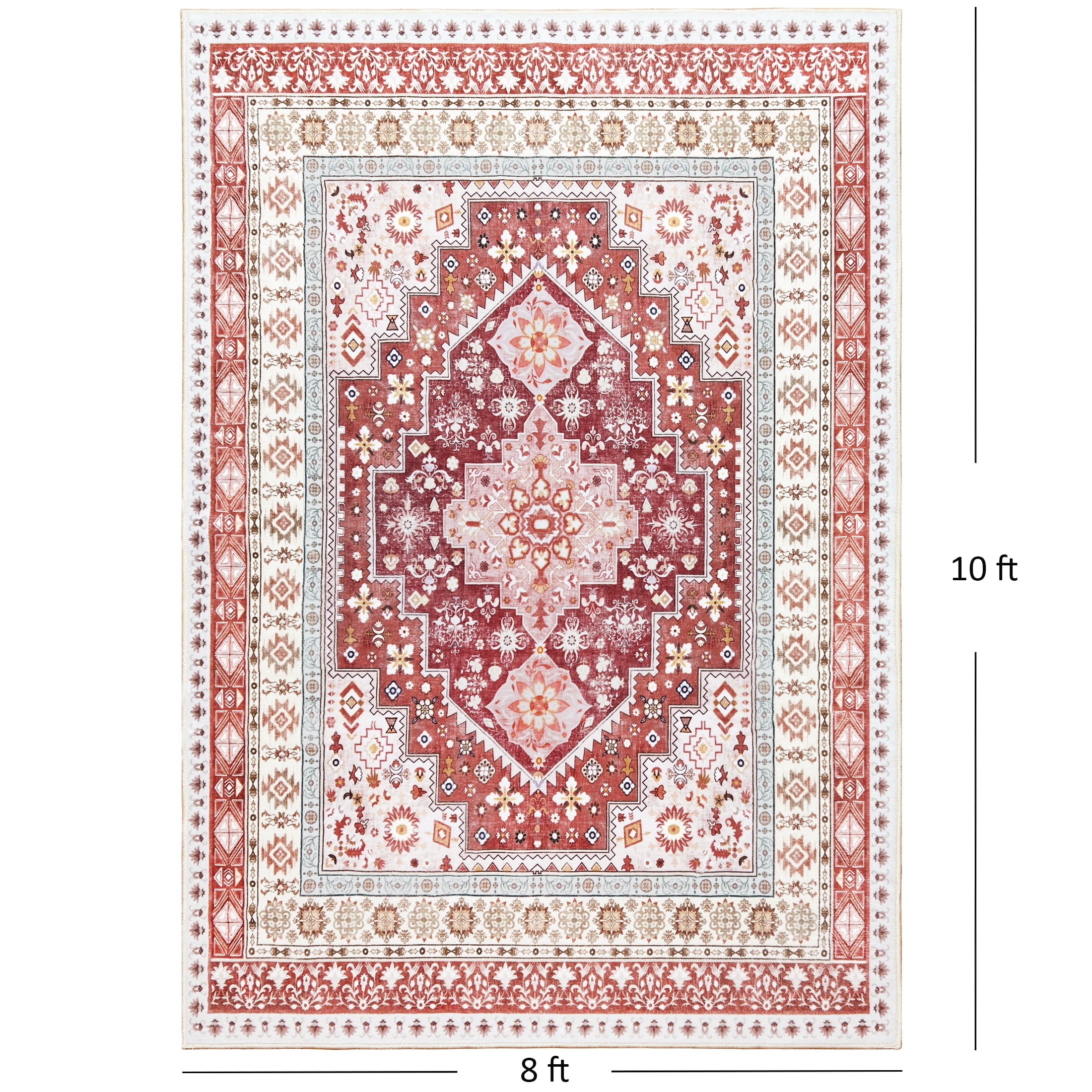 ARJINCUTE  8x10 feet Low Pile Distressed Bohemian Vintage Area Rugs , Non-Slip & Machine Washable, Red