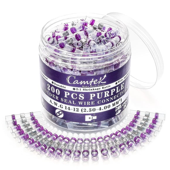 Camtek 200PCS Purple Solder Seal Wire Connectors 14-12 AWG, Marine Grade Self Soldering Heat Shrink Wire Connectors Waterproof Insulated Electrical Butt Splice Wire Terminals for Automotive Boat Truck
