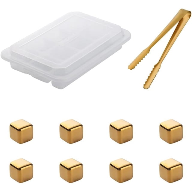 Cube Réfrigérant en Acier Inoxydable 18/8, BuyGo Glaçons Réutilisables Pierre de Whisky en Métal avec Pince à Glace et Plateau de Rangement pour Congélateur, Idéal pour Vin, Whisky, Jus, Ensemble de 8 (Or)