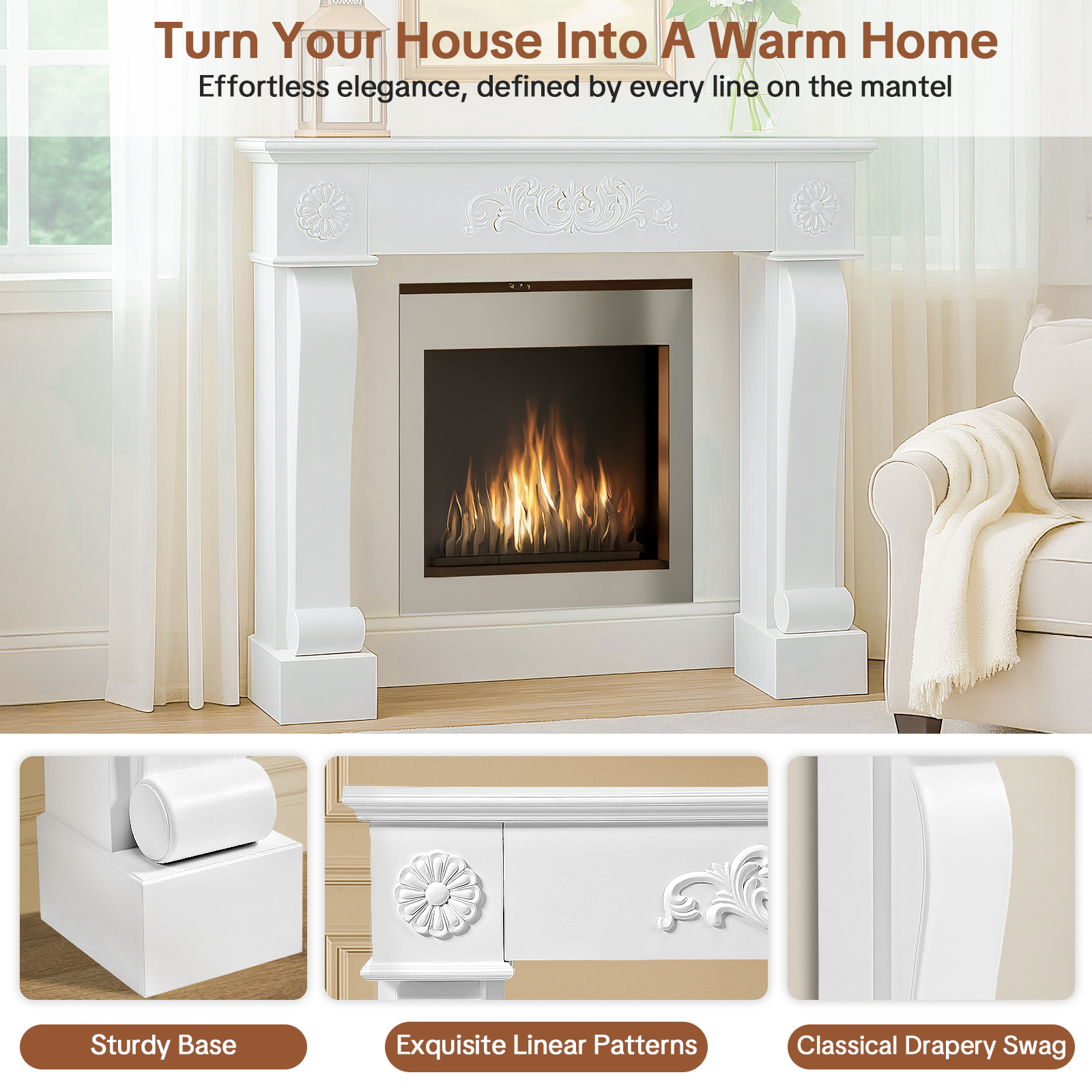 OUINCH 44.5" Fireplace Mantel, Freestanding Fireplace Surround with Leg for Electric Fireplaces, MDF Mantel Surround with Shelf for Living Room with Decorative Pattern, Anti-Tipping & Waterproof