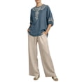 thumbnail image 2 of Ecqkame Two Piece Sets for Women Summer Casual Linen Top and Wide Leg Pants Lightweight Vacation Solid Color Outfit Set Light Blue M, 2 of 8