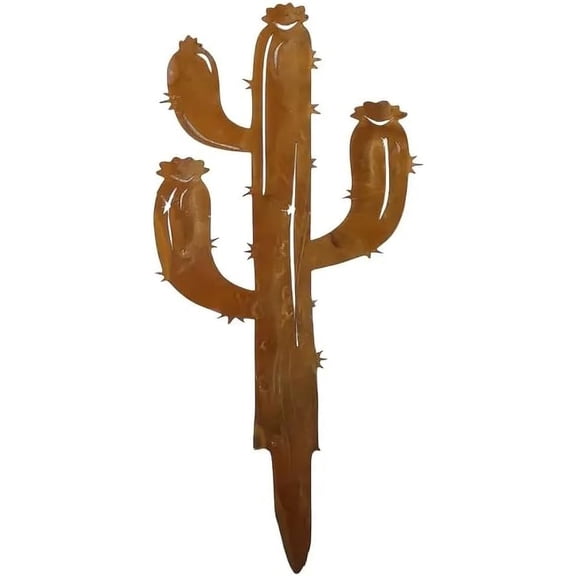 Rusty Metal Cactus Garden Stake, Decorative Outdoor Yard Art for Lawn, Outside Flower Bed and Walkway Decor, 16.13 Inches (Bronze)