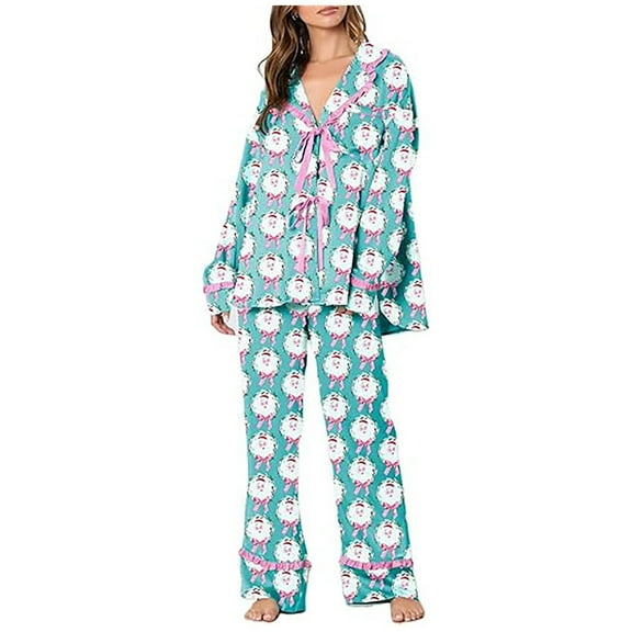 Hipattires Santa Pajamas for Women Pajama Set Cozy Christmas 2-Piece Button up Womens Pajamas Long Sleeve