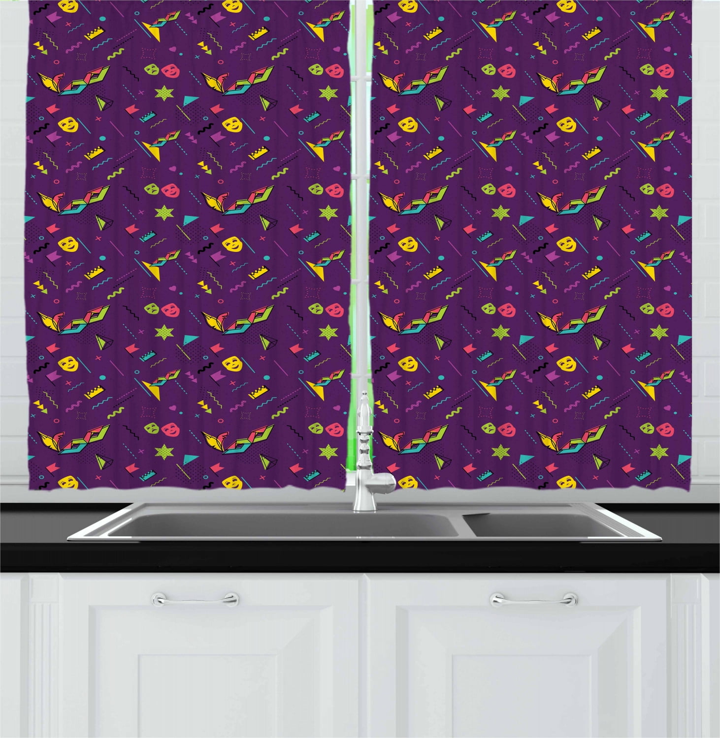 New Orleans Curtains 2 Panels Set, Abstract Modern Mardi Gras Pattern