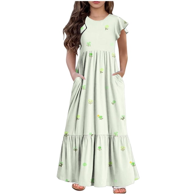 Yanlir Robe d'Été à Volants pour Filles 4-14 Ans, Robes Trapèze pour Enfants Sans Manches à Col Rond, Robe Soleil pour des Tenues Confortables et Stylées (Vert#3, 10 Ans)