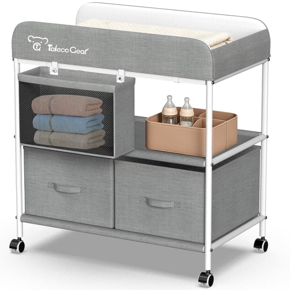 Baby Changing Table, Portable Diaper Changing Station with Wheels, Nursery Organizer for Newborn and Infant, Light Gray