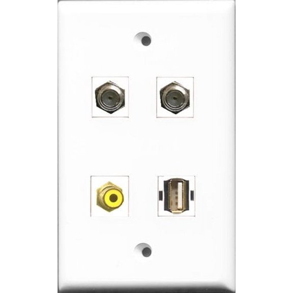 RiteAV 1 Port RCA Yellow 2 Port Coax Cable TV- F-Type and 1 Port USB A-A Wall Plate