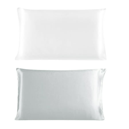 Piccocasa 100% Mulberry Silk Fabric Pillowcase White + Silver Gray Standard Size
