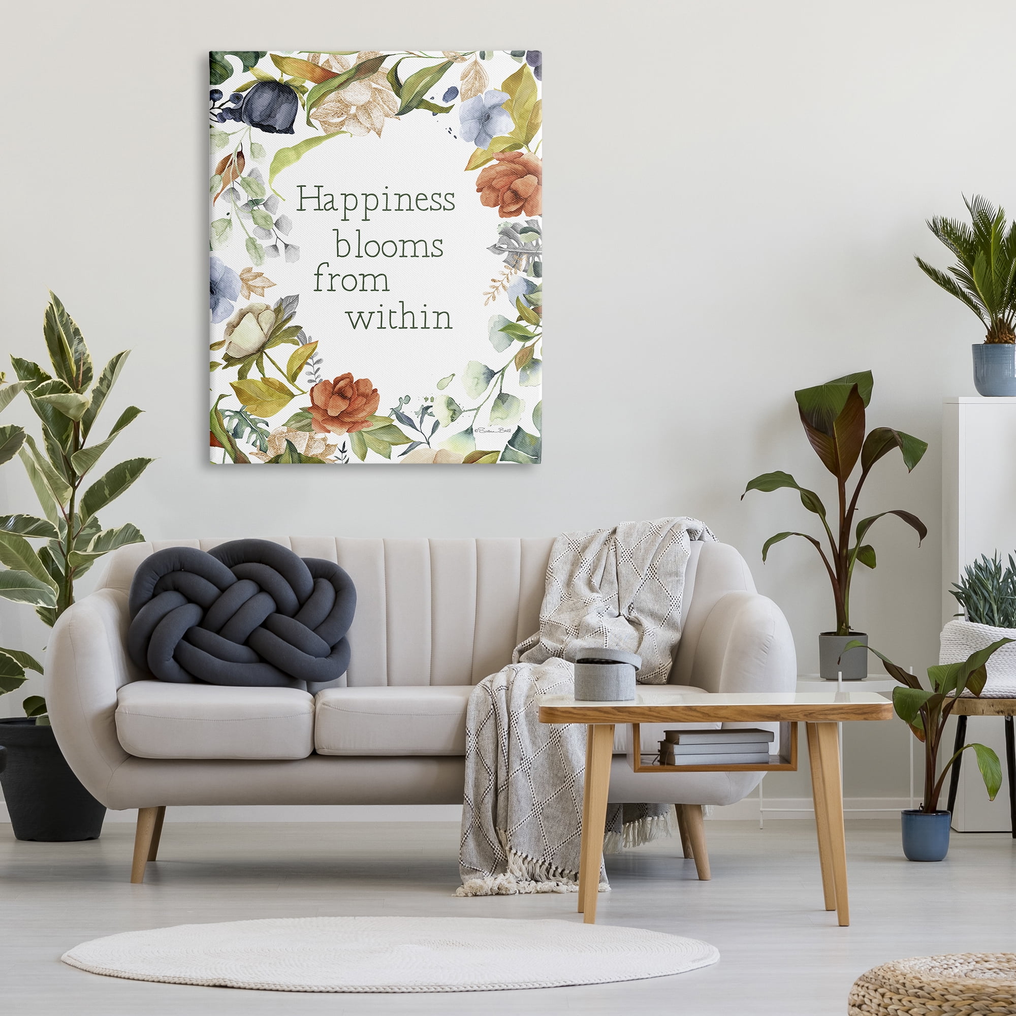 Stupell Industries Happiness Blooms From Within Comforting Floral Border Graphic Art Gallery Wrapped Canvas Print Wall Art, Design by Susan Ball