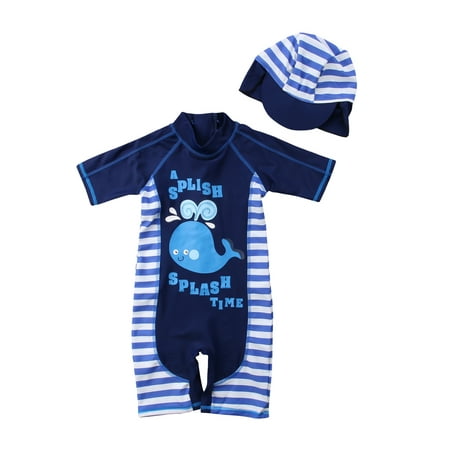 

Calsunbaby Kids Baby Boys Long Sleeve Swimsuit Cartoon Whale Printed Zip-up One-piece Bathing Suit Sun Hat Blue 1-2 Years