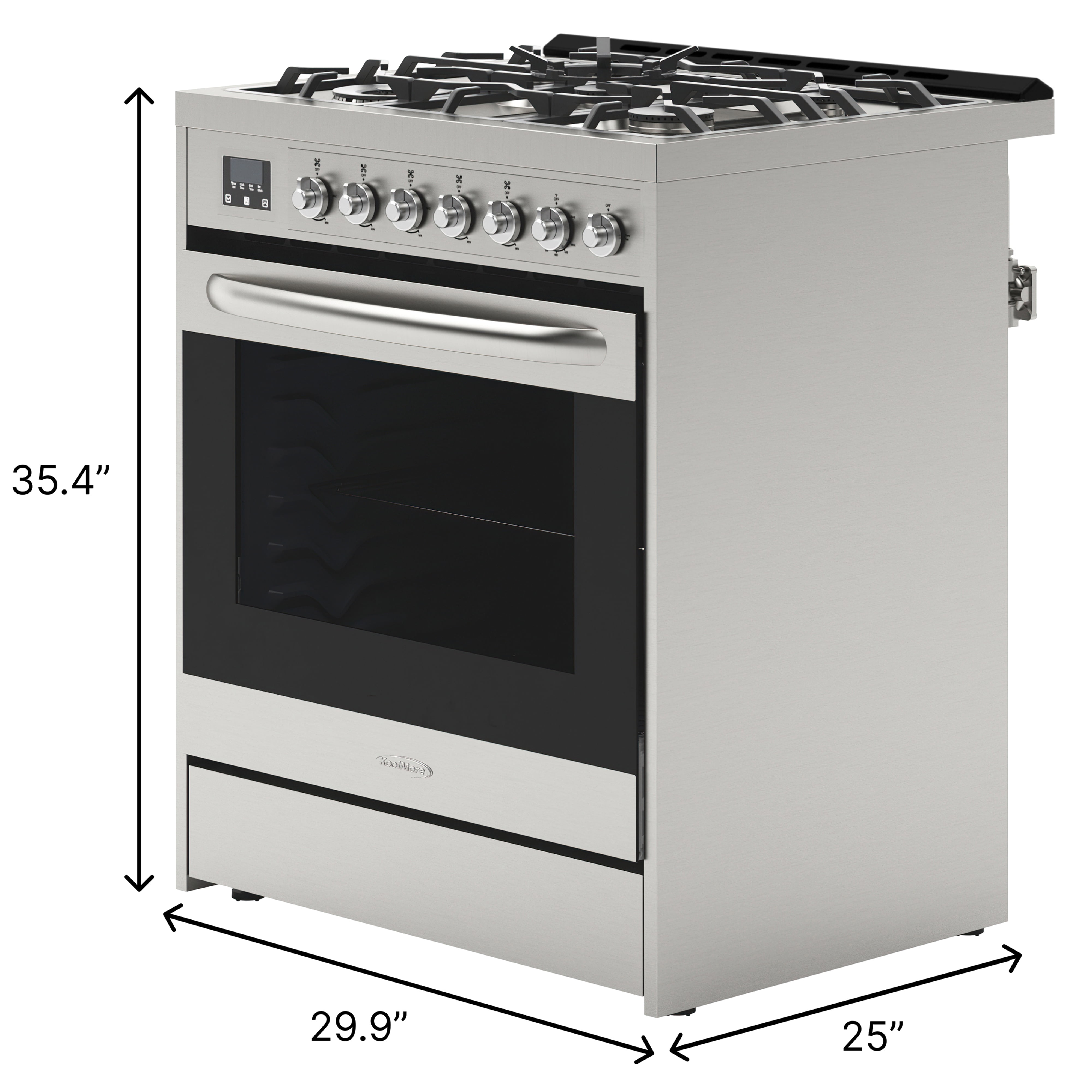 30” Inch Professional Gas Range Stove with 5 Burner Cooktop, Rapid Convection Oven, and Digital Timer with Heavy-Duty Cast Iron Grates, Stainless-Steel Appliance, Silver