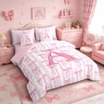 thumbnail image 2 of Meiyoeat Coquette Bow Letter A Bedding Comforter Set 7 Pieces for Girls Kids, Preppy Stripe Full Bedding Set for Nursery, Light Pink White,Pink Reversible, 2 of 6