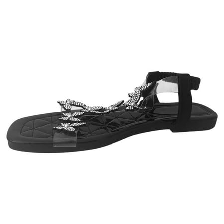 

Ladies Summer Rhinestone Butterfly Pearls Flat Bottom Transparent One Strap Large Size Sandals Slippers Womens Sandals