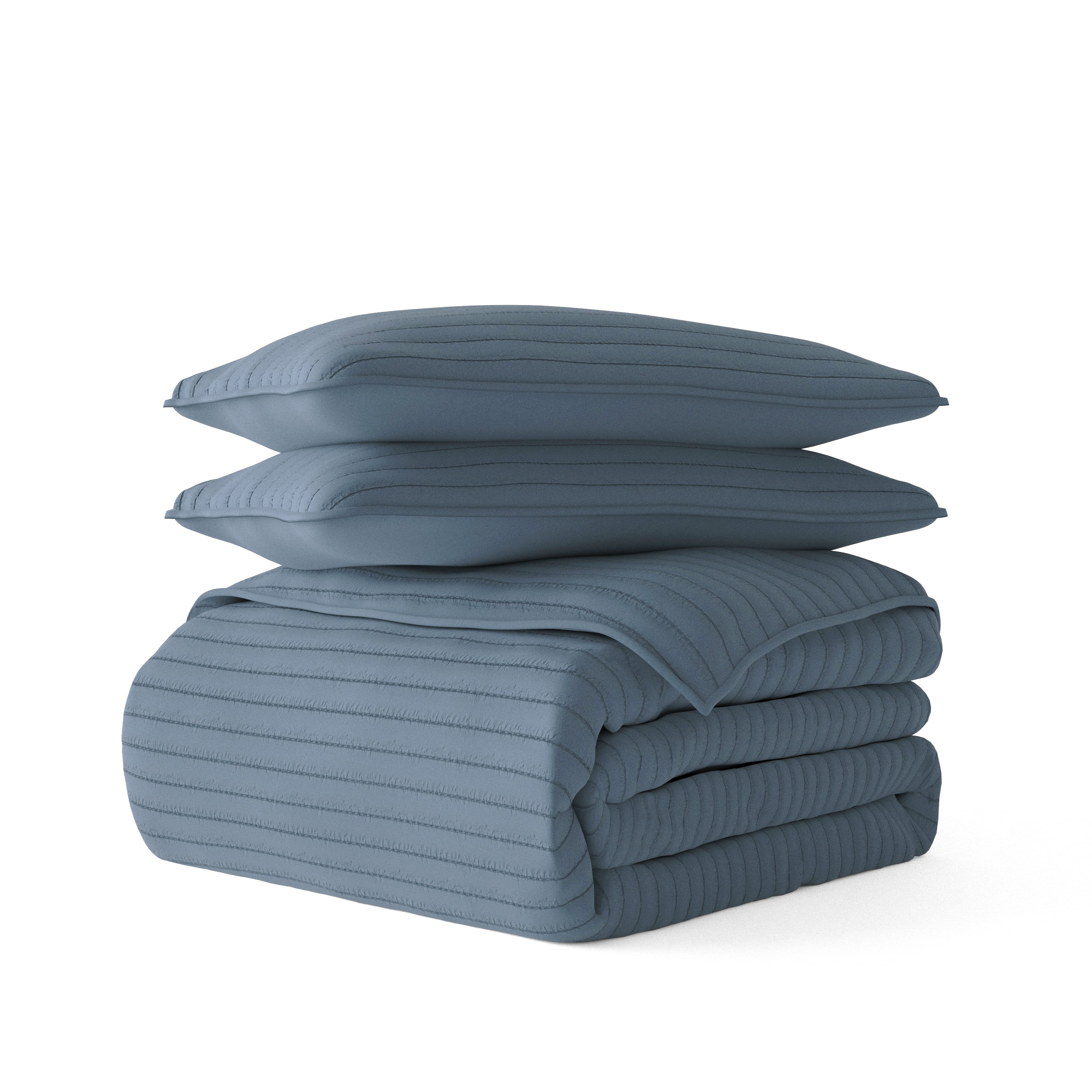 Noble Linens 3 Piece Dusk Blue Stripe Stitch Quilt Set, King / CalKing