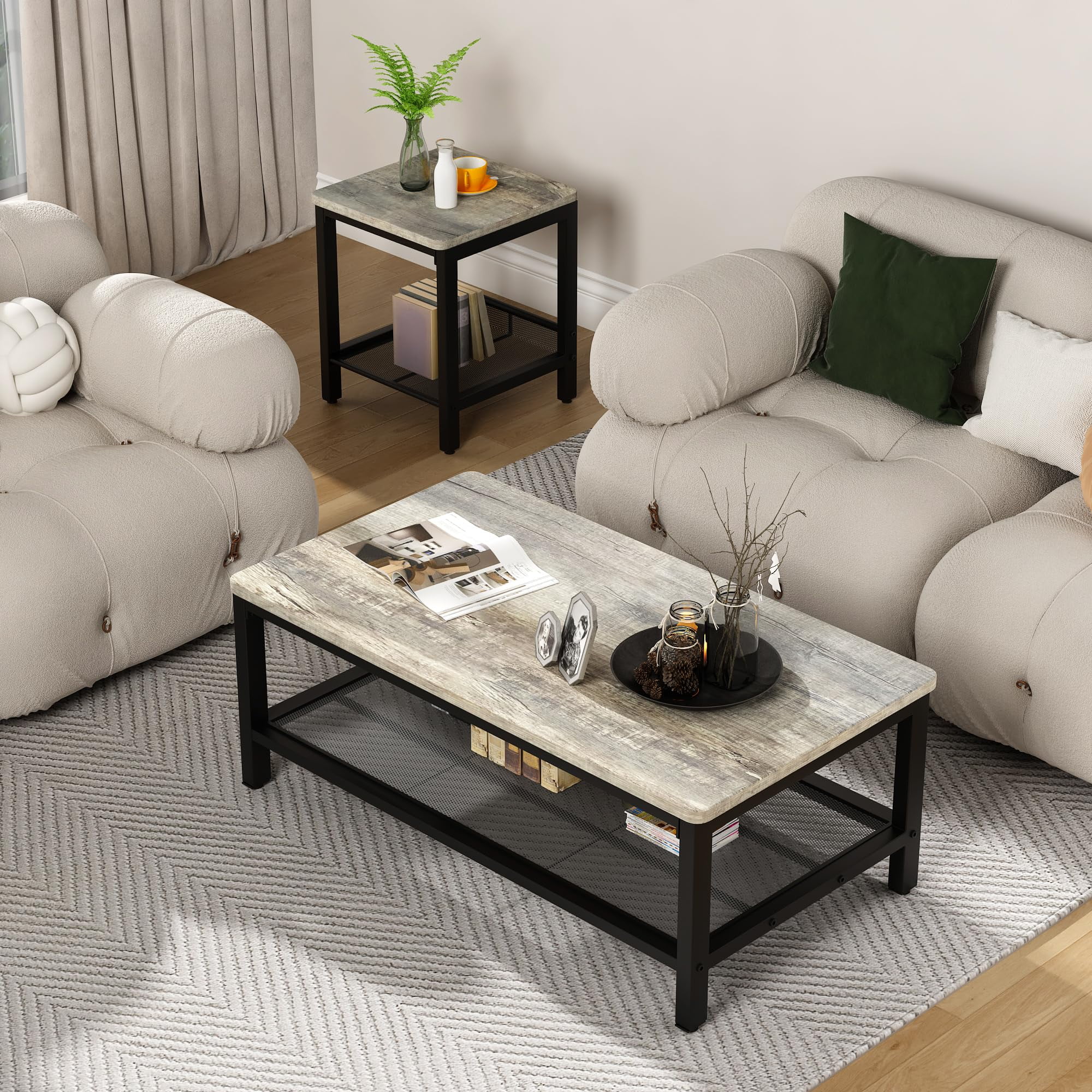 Cvortll Coffee Table Sets 3-Pieces, Modern Wood Coffee Table with 2 Square End Side Tables, Large Sturdy Coffee Table Set for Living Room, Grey