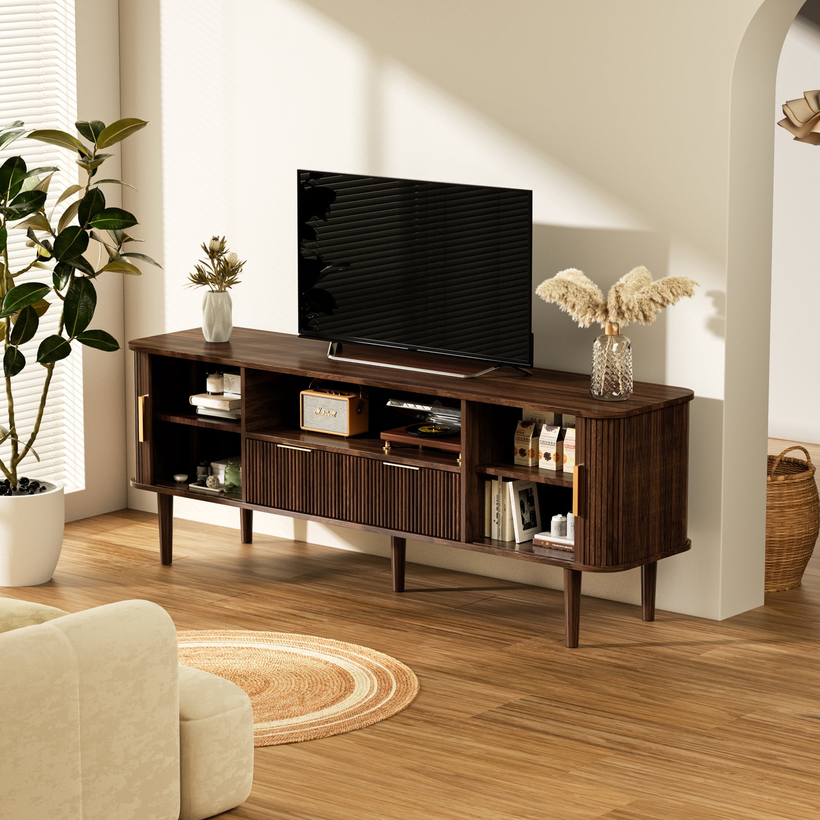 TV Stand 62.4 Inch Mid Century Modern Media Console Table with Drawer Shelves Sliding Tambour Door Farmhouse Sideboard Buffet Cabinet Fits TVs up to 75 inch Fluted Wood Entertainment Center