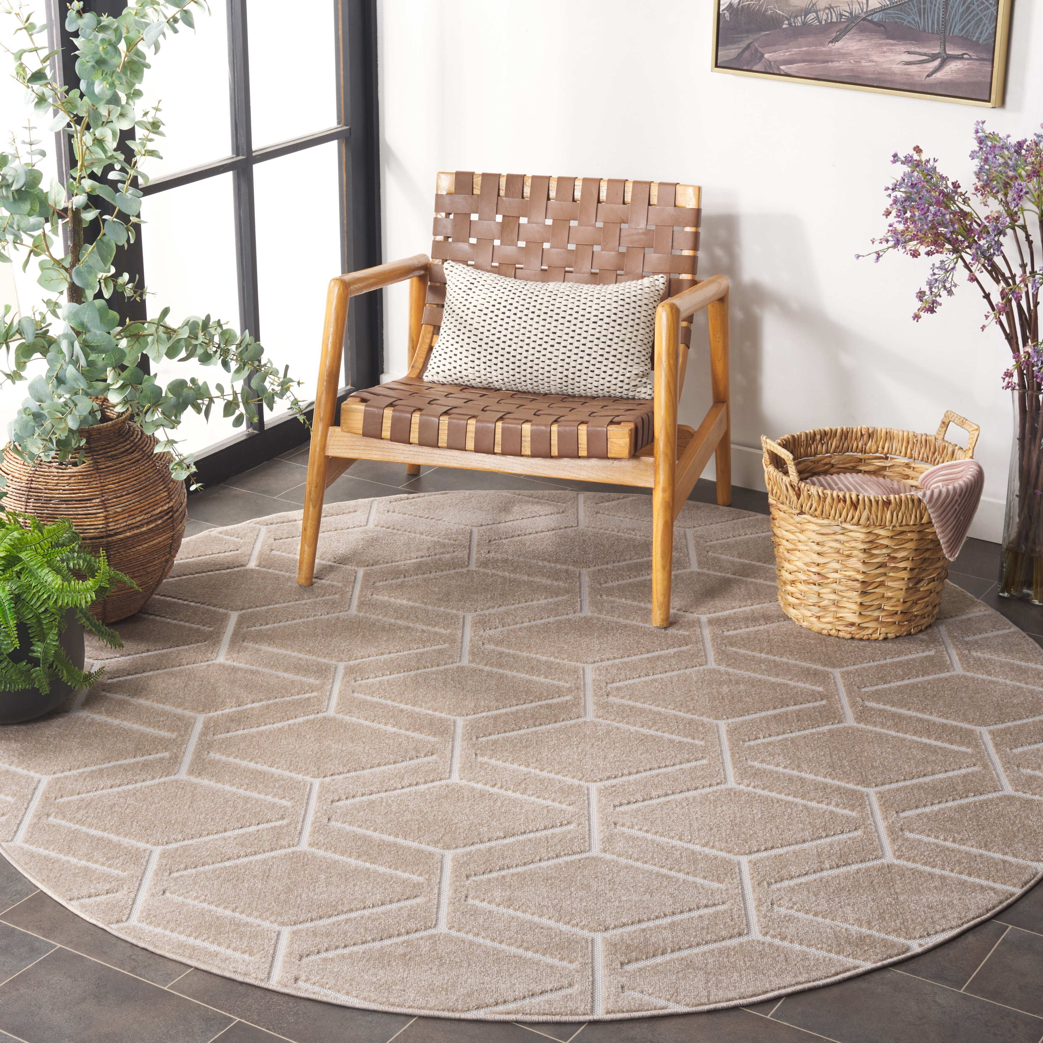 SAFAVIEH Stella Ruadhan Geometric Indoor/Outdoor Area Rug, Beige, 6'7" x 6'7" Round