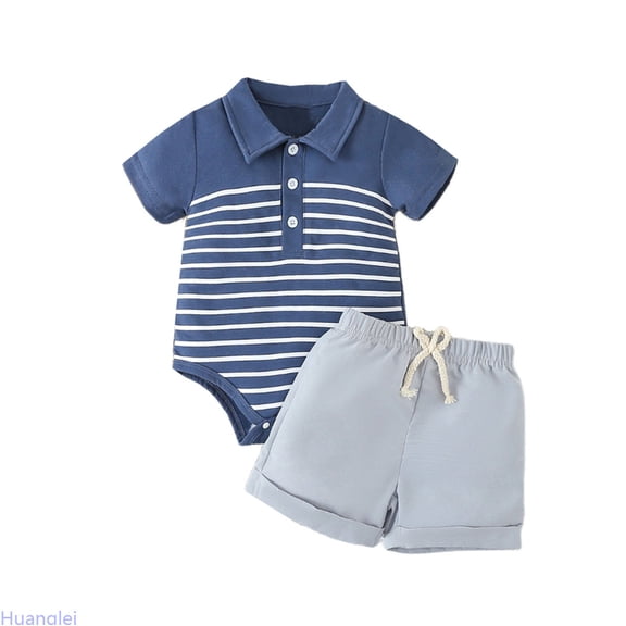 Huanglei Boys Short Sleeve Striped Bodysuit Romper Shorts Gentleman Outfits Summer Outfits ,9-12 Months ,Blue