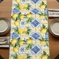 thumbnail image 5 of Botanical Lemon 70 Inch Table Runner, Spring Countryside Floral Blue Tile Farmhouse Dresser Scarf Cotton & Linen Tablerunner for Dining/Kitchen Island/Holiday Party Décor 13" x 70", 5 of 9