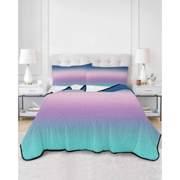 Quilts Twin Size, Blue Purple Teal Ombre Cream Soft Comforter Bedding Set for Bed, Modern Abstract Art Aesthetics Lightweight Quilted Bedspread with Pillow Cover(2 Pieces) for All Season, 68x86 Inch