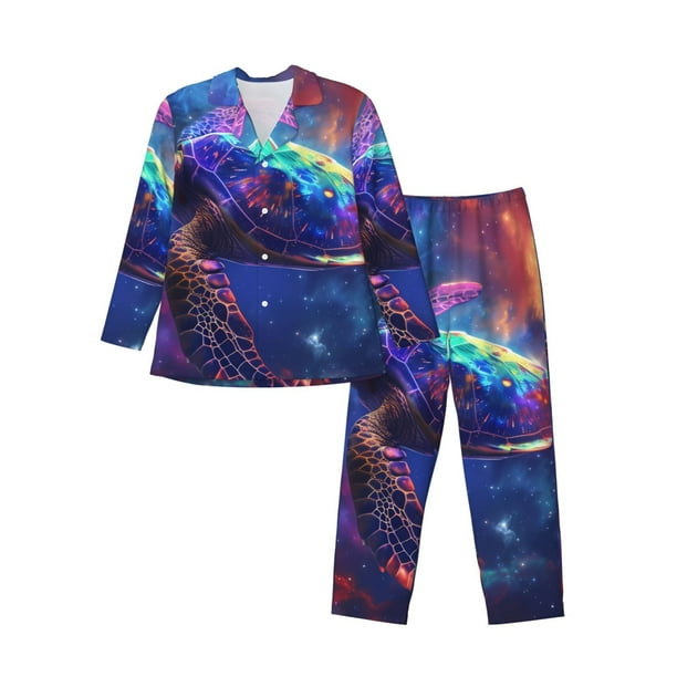Balery Starry Sky Turtle Pijama para Hombre de Dos Piezas con Manga Larga, Conjunto de Dormir y Descanso Suave con Bolsillos-Medium