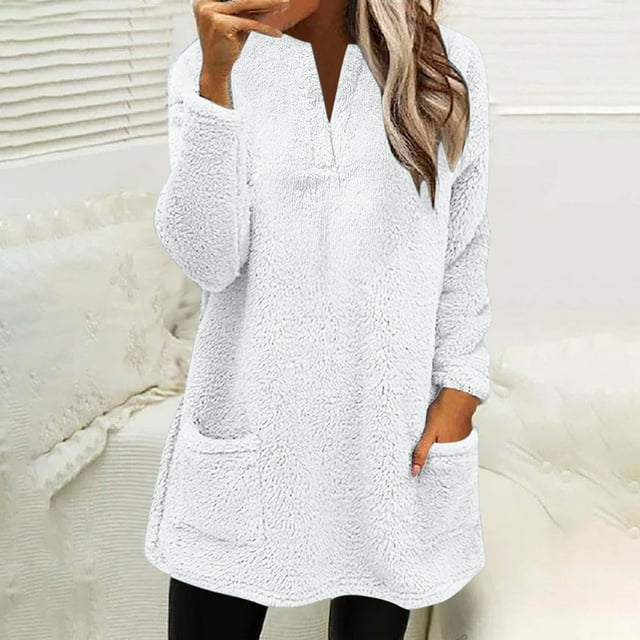 Mefallenssiah T-Shirts à Manches Longues pour Femmes, Col Rond, d'Hiver, Amples, Unis, avec Poche, Chauds, Blanc m