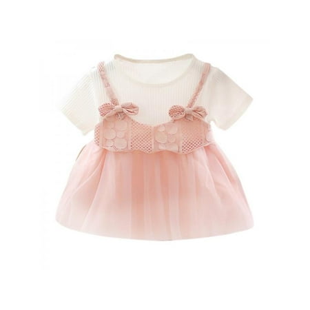 

Fashion Summer Baby Girl Princess Dress Fake 2 Piece Toddler Mesh Design Short Sleeve Cotton Sundress