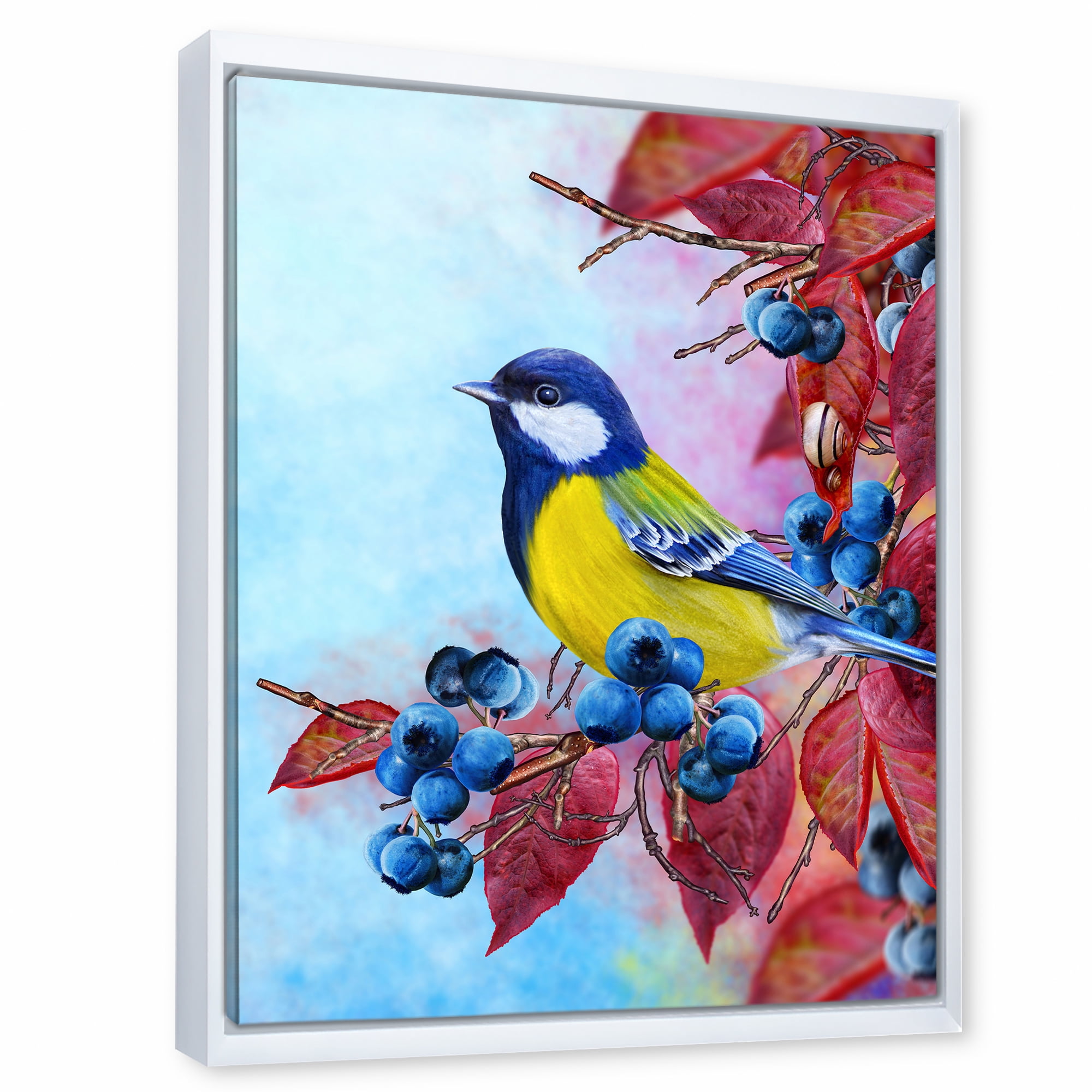 Designart 'Bright Bird Bullfinch Sitting On A Branch of Berries II' Traditional Framed Canvas Wall Art Print