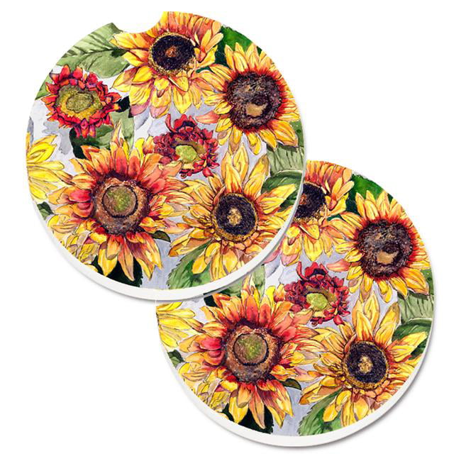 Car Drinks Coasters Set of 4 Pack Sunflowers Absorbent Ceramic Stone Black Ground Coaster with A Finger Notch for Easy Removal from Auto Cupholder 