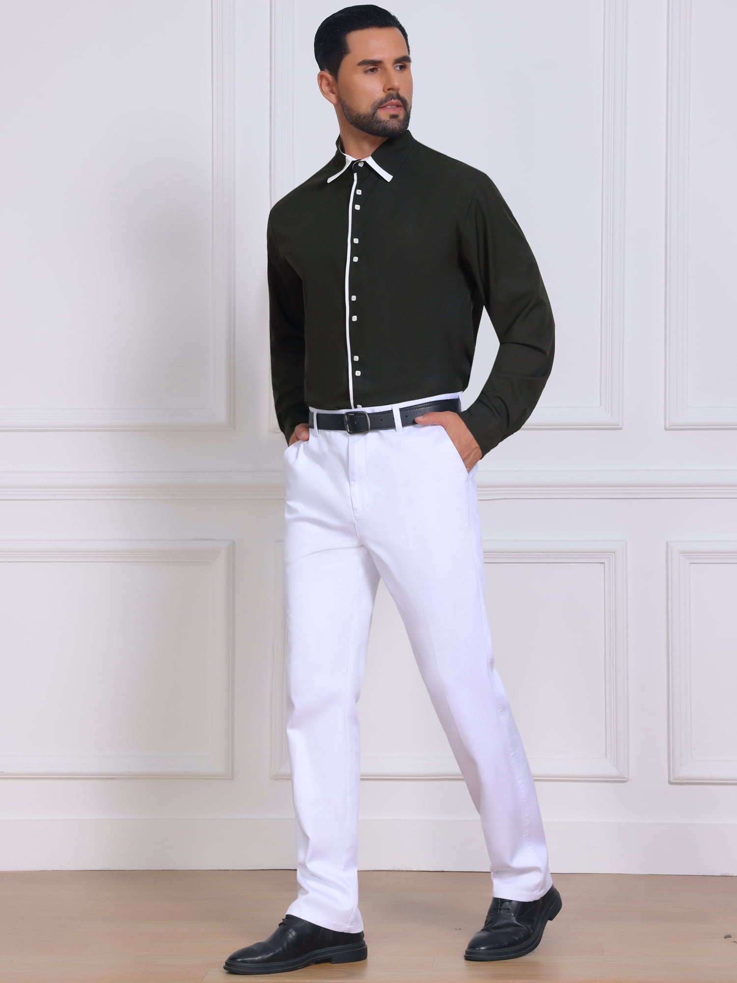 DARING DIVA Men's Contrast Trim Long Sleeve Button Down Formal Shirts M Black