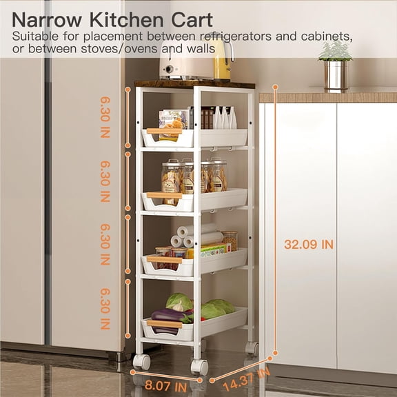 5 Tier Slim Rolling Storage Cart with Wood Top, Narrow Laundry Room Organizer for Tight Gaps, Metal Bathroom  Filler, Kitchen Pantry Trolley, Small Spaces (White)